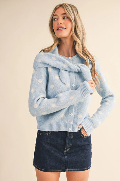 Polka Dot Sweater Cardigan with Detachable Scarf - Sky Blue