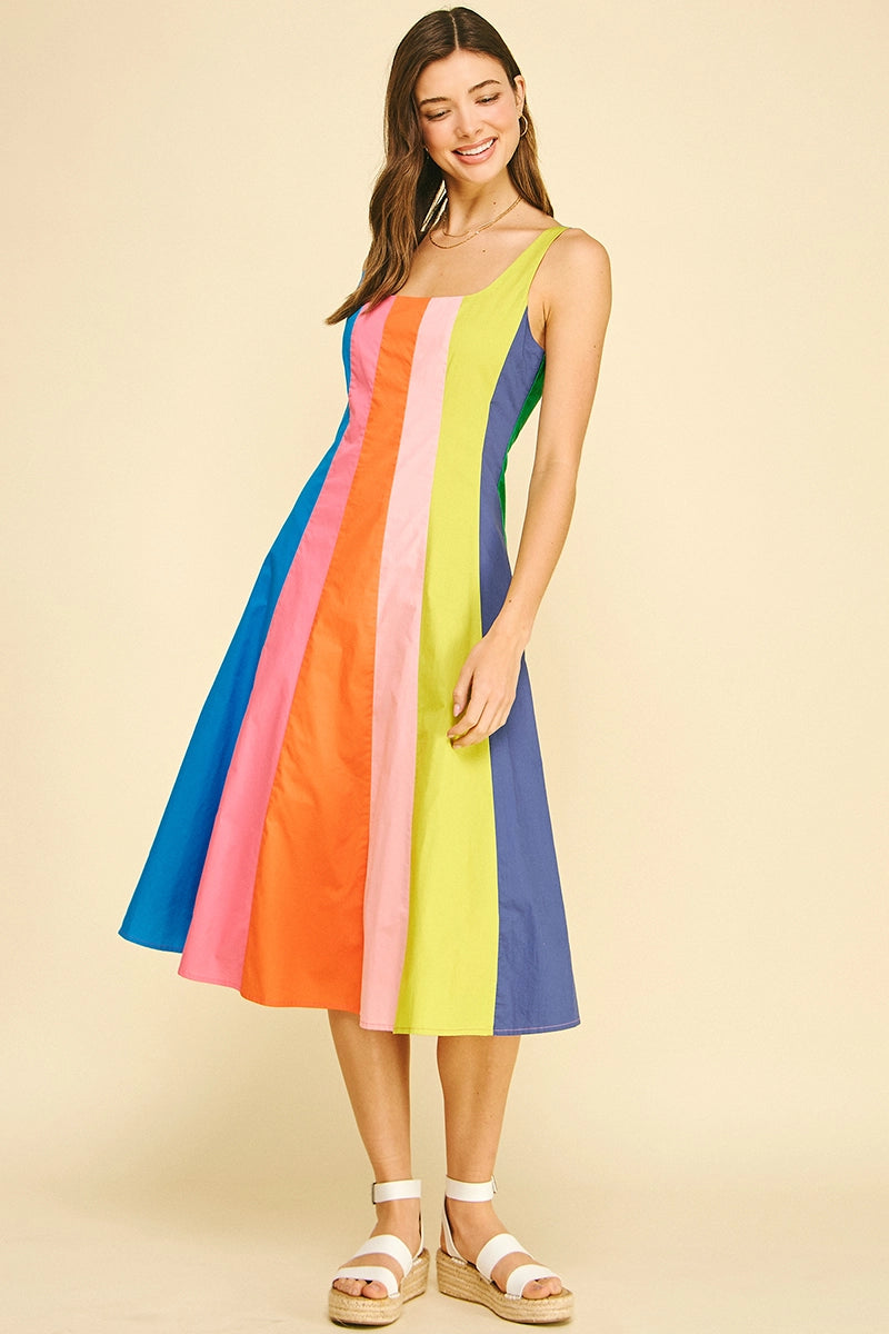 Rainbow Colorblock A-Line Midi Dress - Multi Stripe