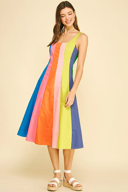 Rainbow Colorblock A-Line Midi Dress - Multi Stripe
