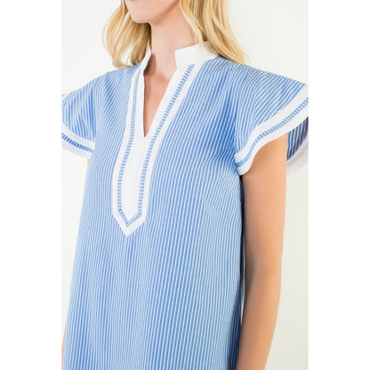 Flutter Sleeve Striped V-Neck Dress - Blue
