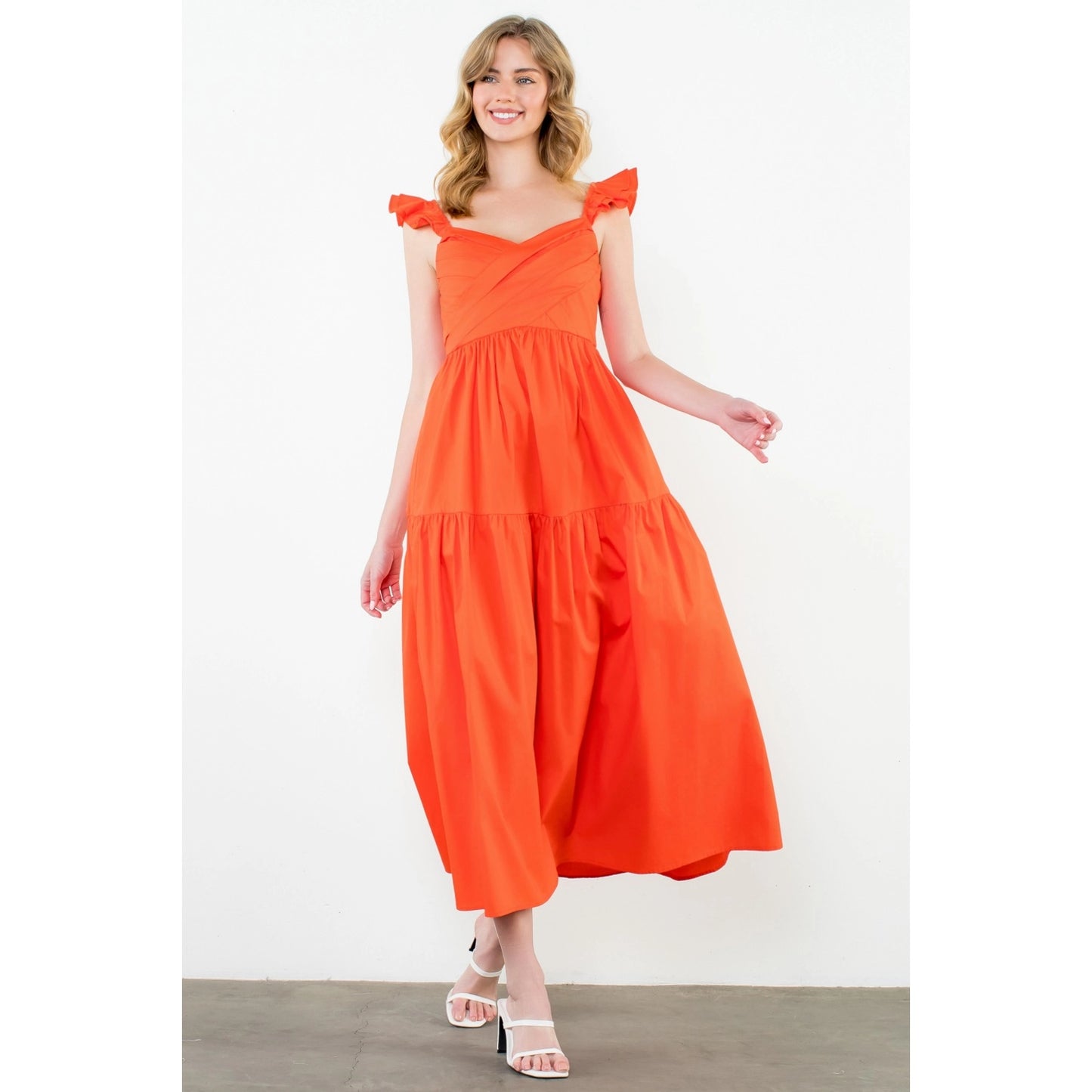 THML - Tiered Poplin Maxi Dress - Orange