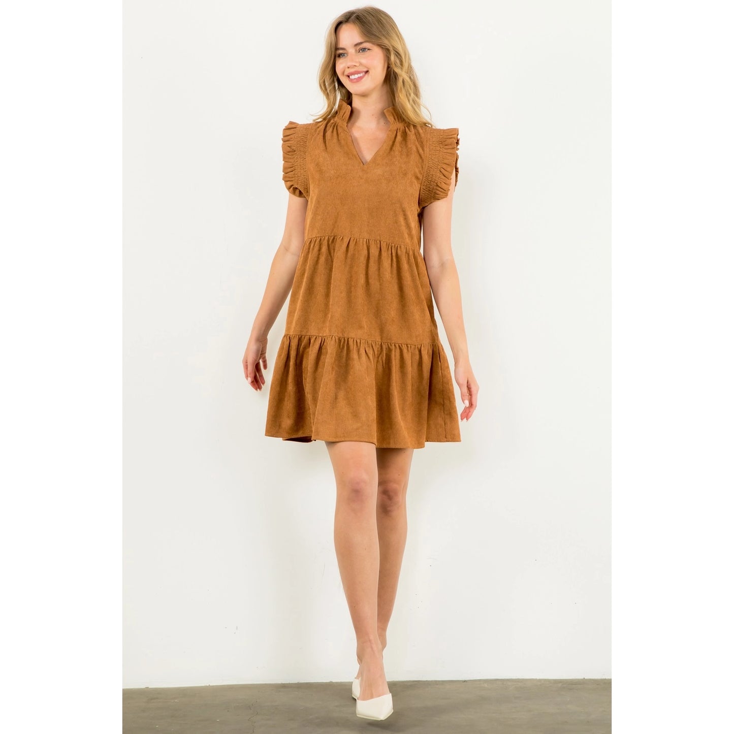 THML - Flutter Sleeve Corduroy Midi Dress - Camel