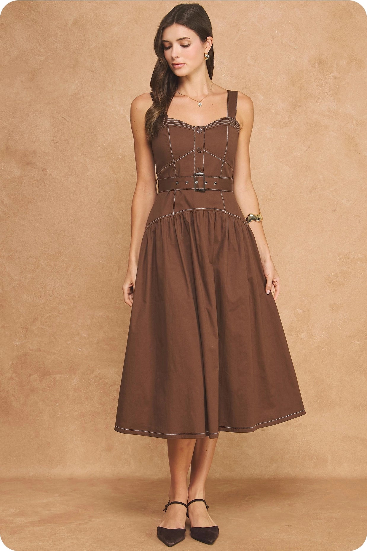Contrast Top Stitch Sweetheart Belted A-Line Midi Dress - Chocolate Brown