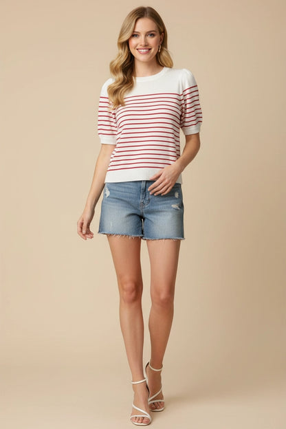 Striped Short Sleeve Sweater - White/Red