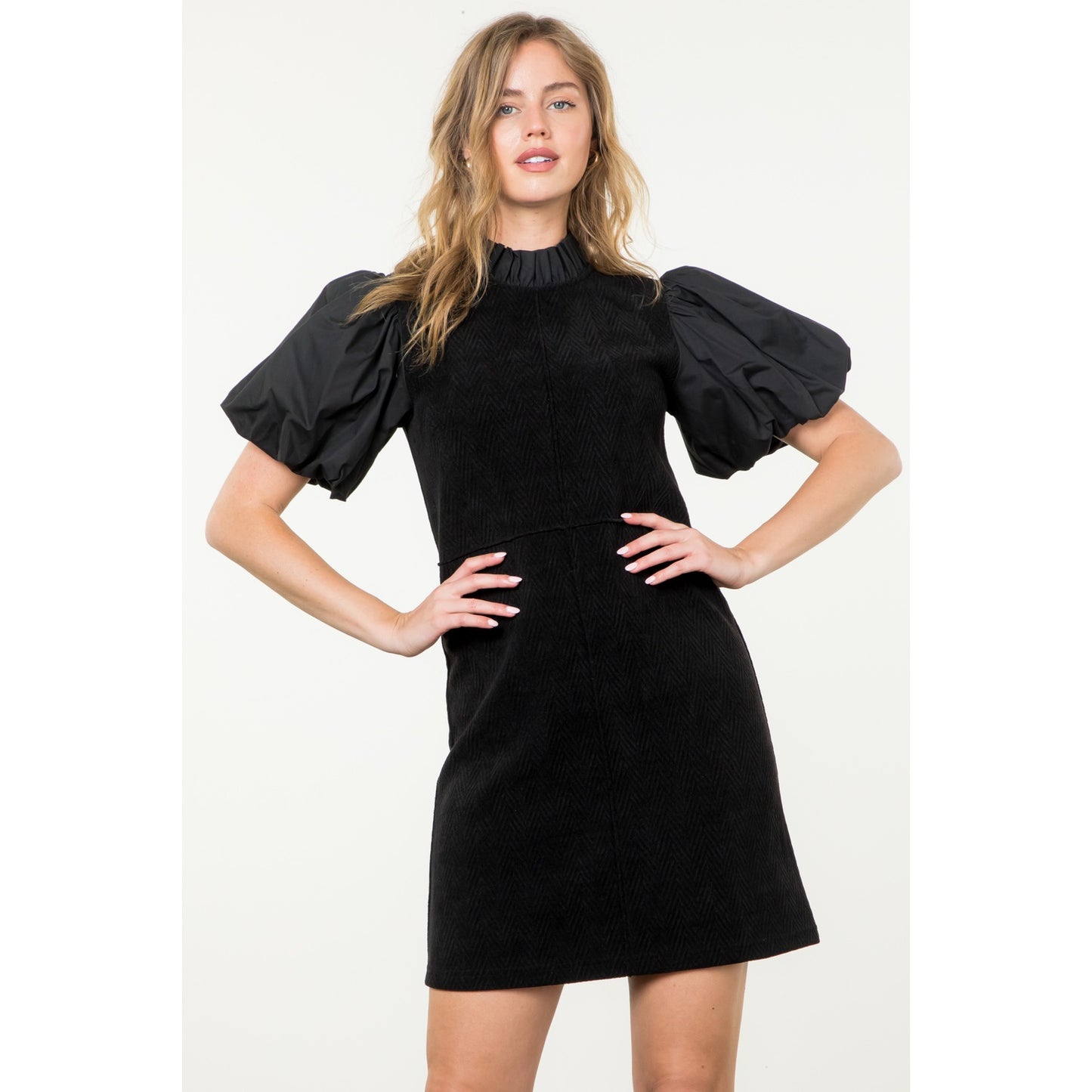 THML - Puff Sleeve Corduroy Midi Dress - Black