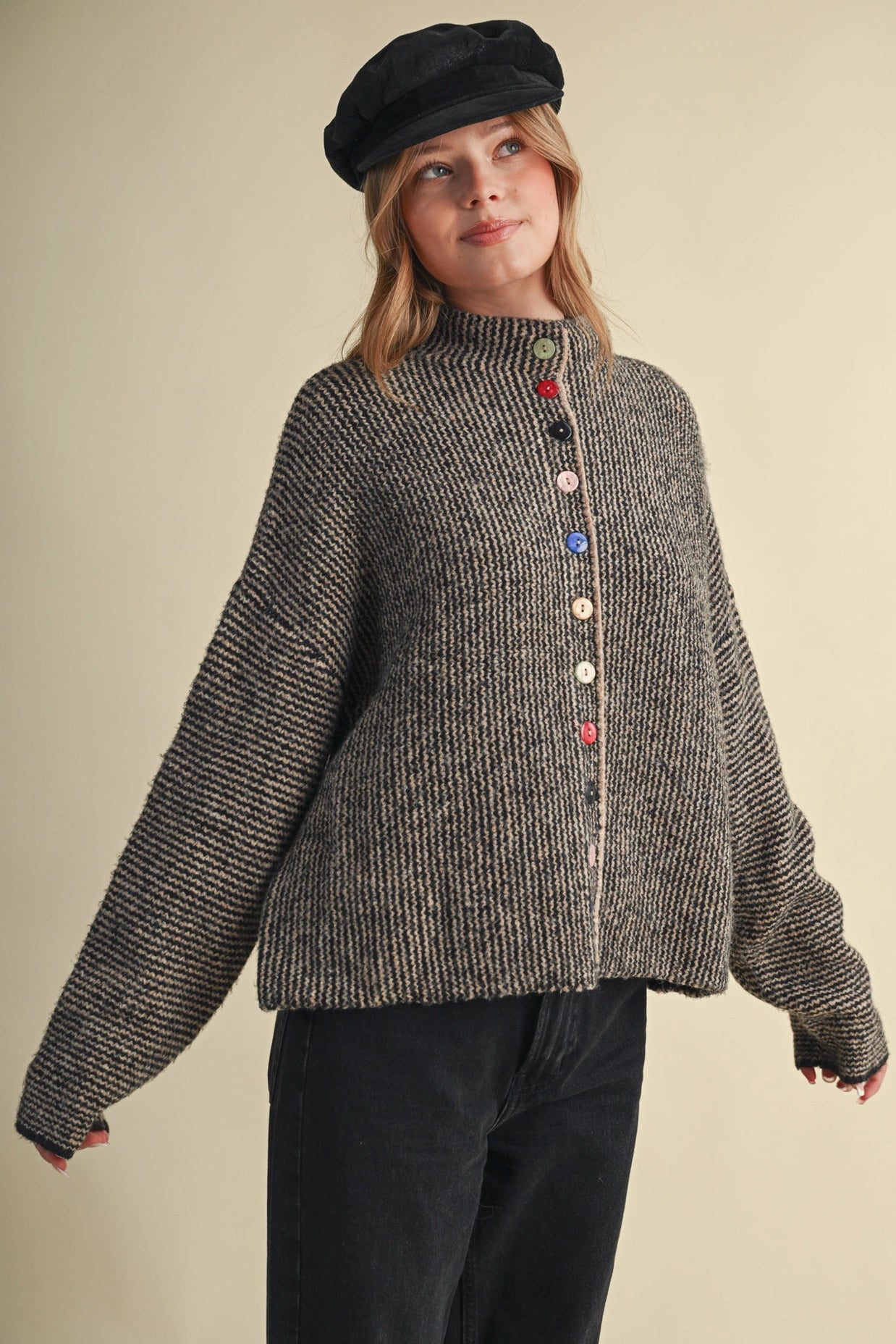 Striped Sweater Cardigan with Colorful Buttons - Black Taupe