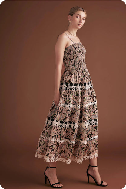 Posh Paisley Eyelet Lace Midi Dress - Black Multi