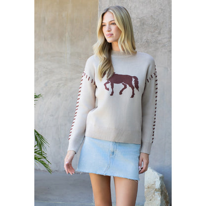 Stitch Detail Horse Knit Sweater - Beige