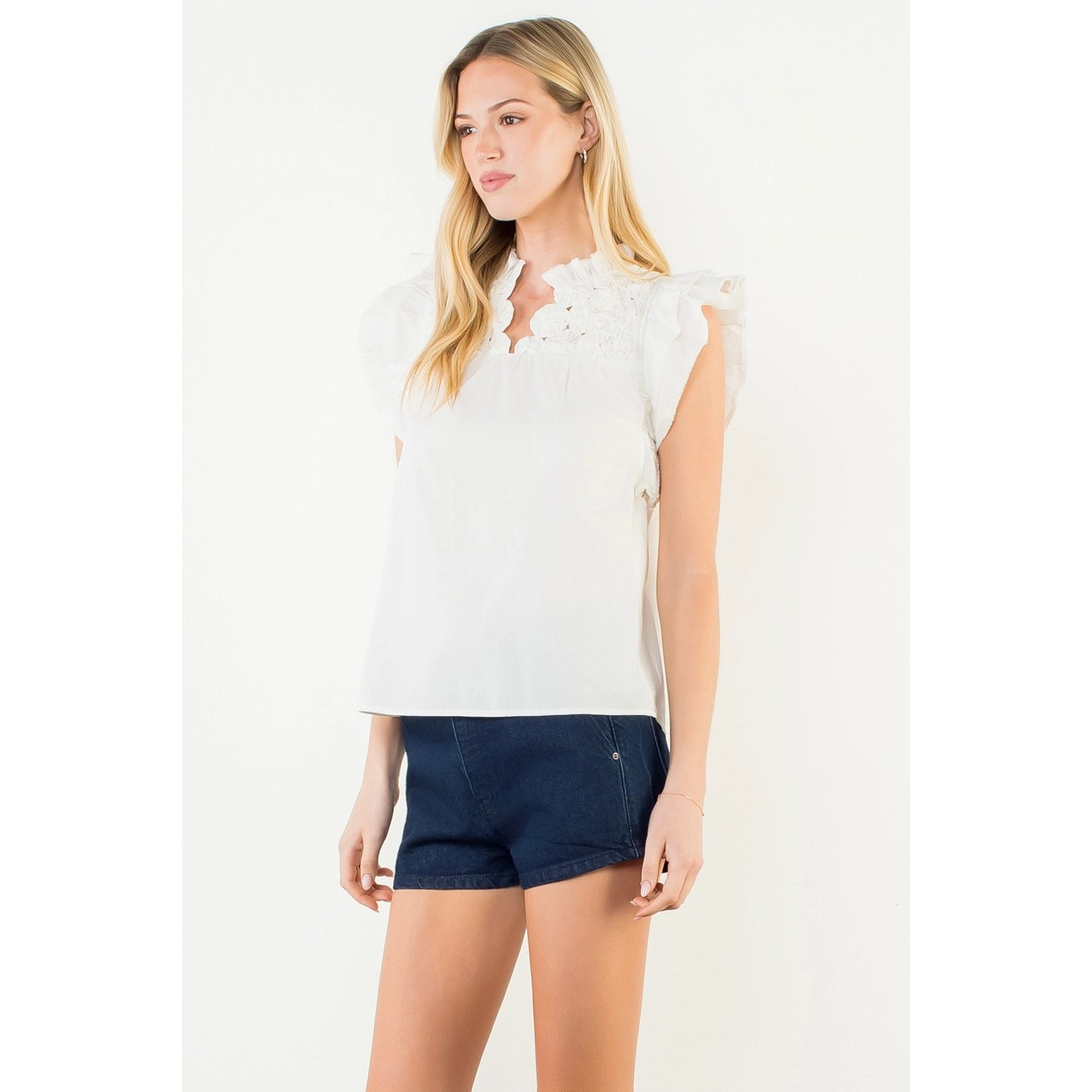 Flutter Sleeve Top w/ Embellished Yoke - White