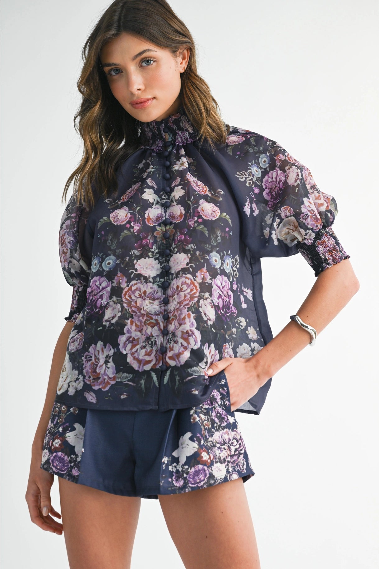 Floral Button Up Top and Short Set - Navy Flower