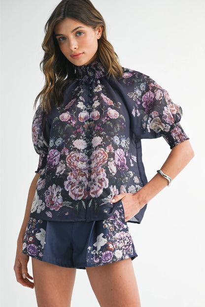 Floral Button Up Top and Short Set - Navy Flower