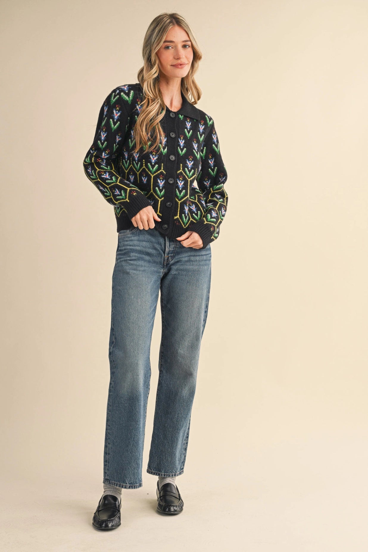 Floral Knit Collared Sweater Cardigan - Black Multi