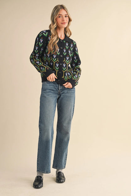 Floral Knit Collared Sweater Cardigan - Black Multi