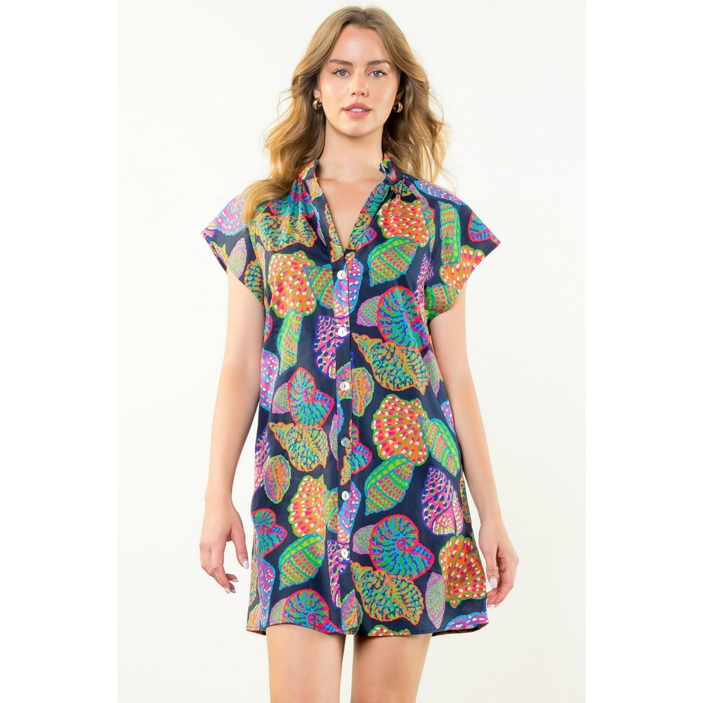 THML - Button Up Print Dress - Navy