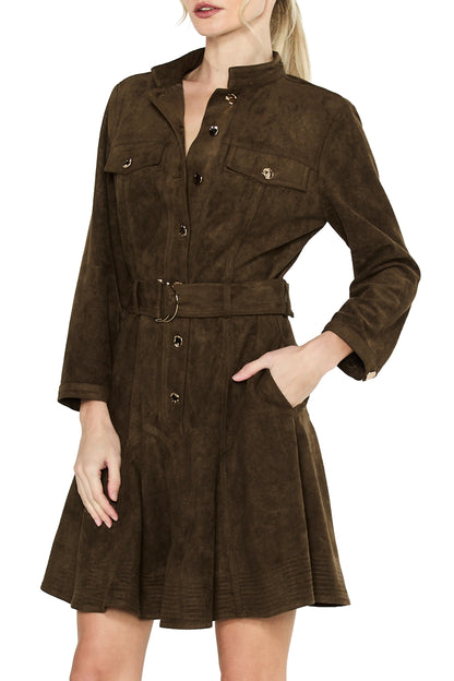 Karrie Belted Long Sleeve Faux Suede Shirtdress - Olive