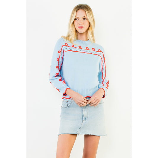 Long Sleeve Wavy Pattern Knitted Sweater - Blue