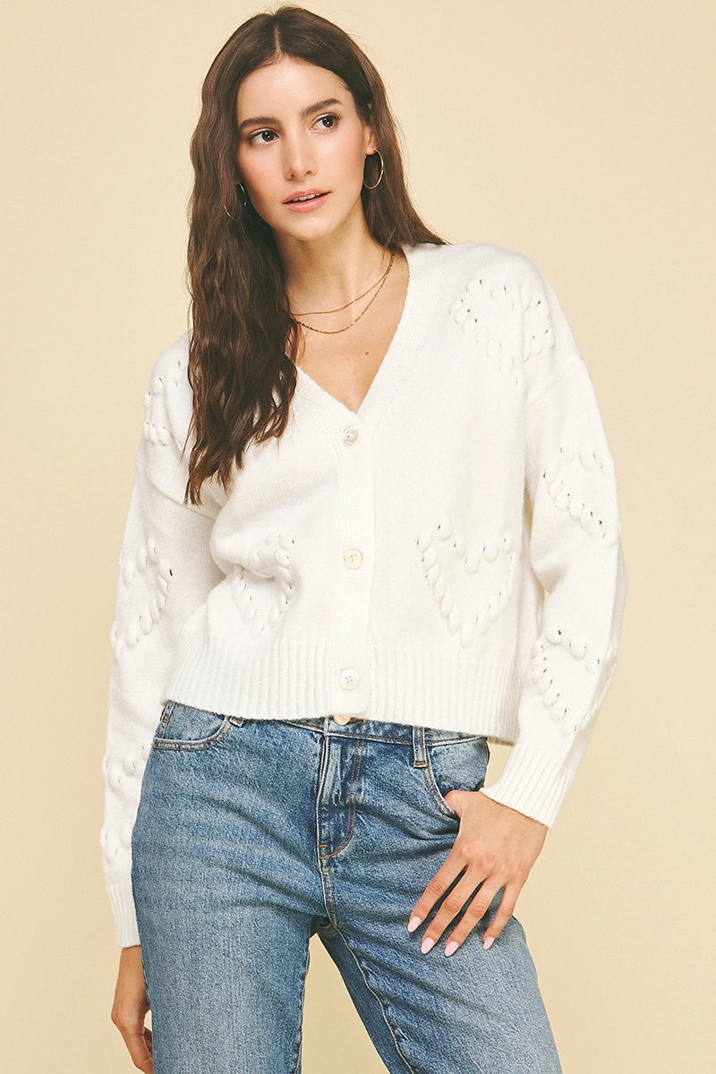 Heart Embroidered Knit Cardigan - White