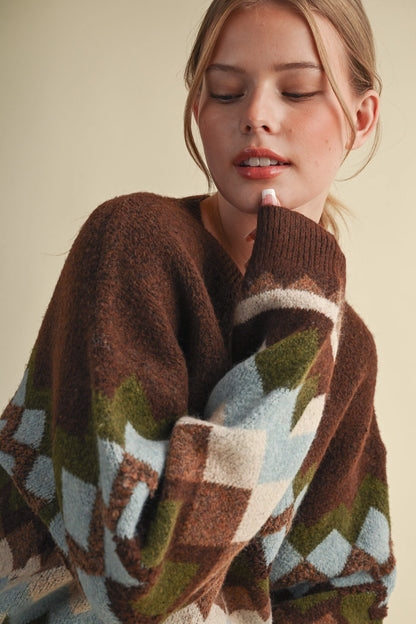 Fuzzy Texture Geometric Knit Sweater - Brown Multi