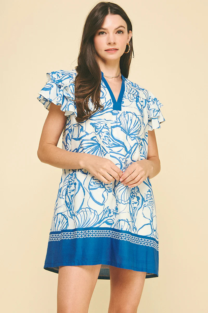 Scallop Shell Printed Tunic Dress - Blue