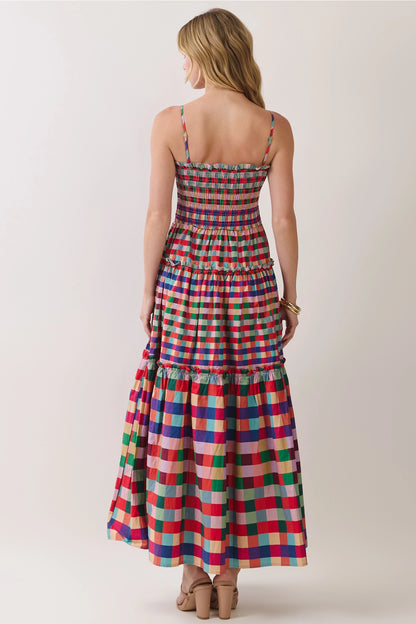 Smocked Bodice Plaid Tiered Maxi Dress - Multi