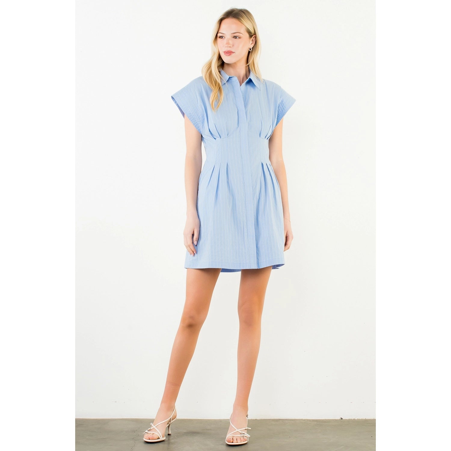 Short Sleeve Striped Button Down Dress - Blue - Spinout