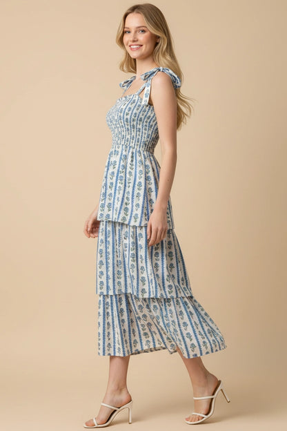 Striped Floral Smocked Midi Dress - Blue