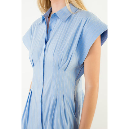 Short Sleeve Striped Button Down Dress - Blue - Spinout