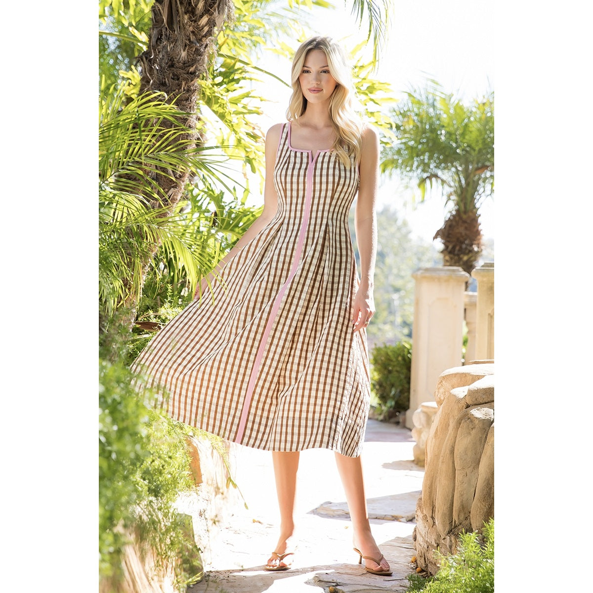 Thin Strap Gingham Pattern Dress - Brown
