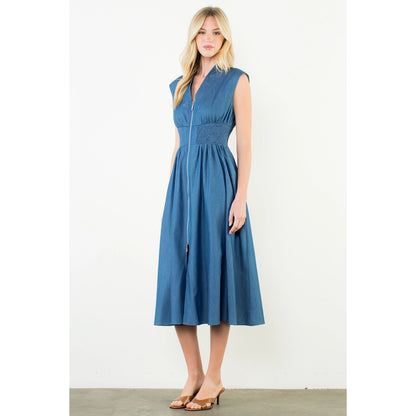 Sleeveless Denim Smocked Waist Dress - Denim Blue