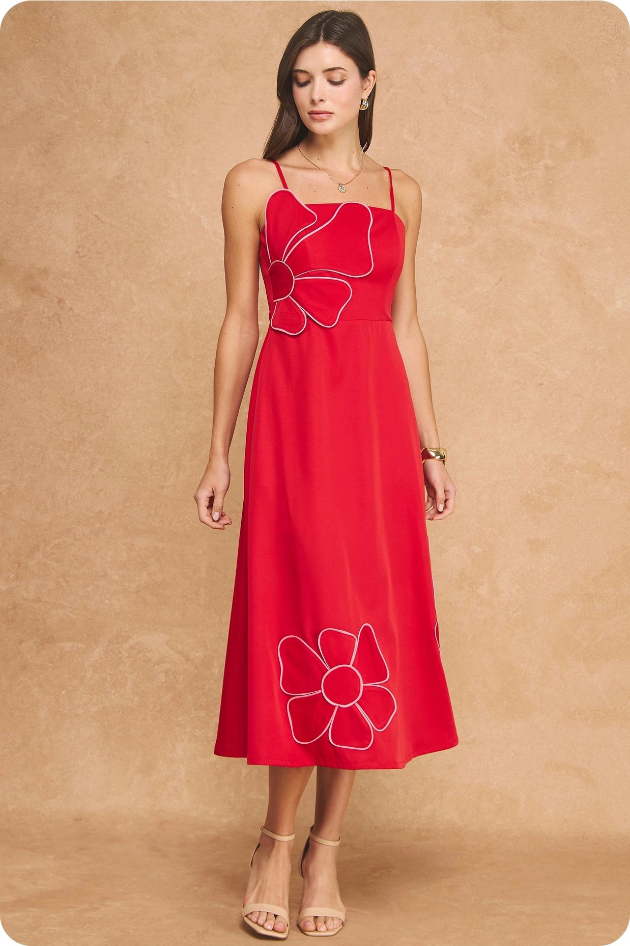 Oversized Floral Appliqué Piping Sleeveless Midi Dress - Red/Pink