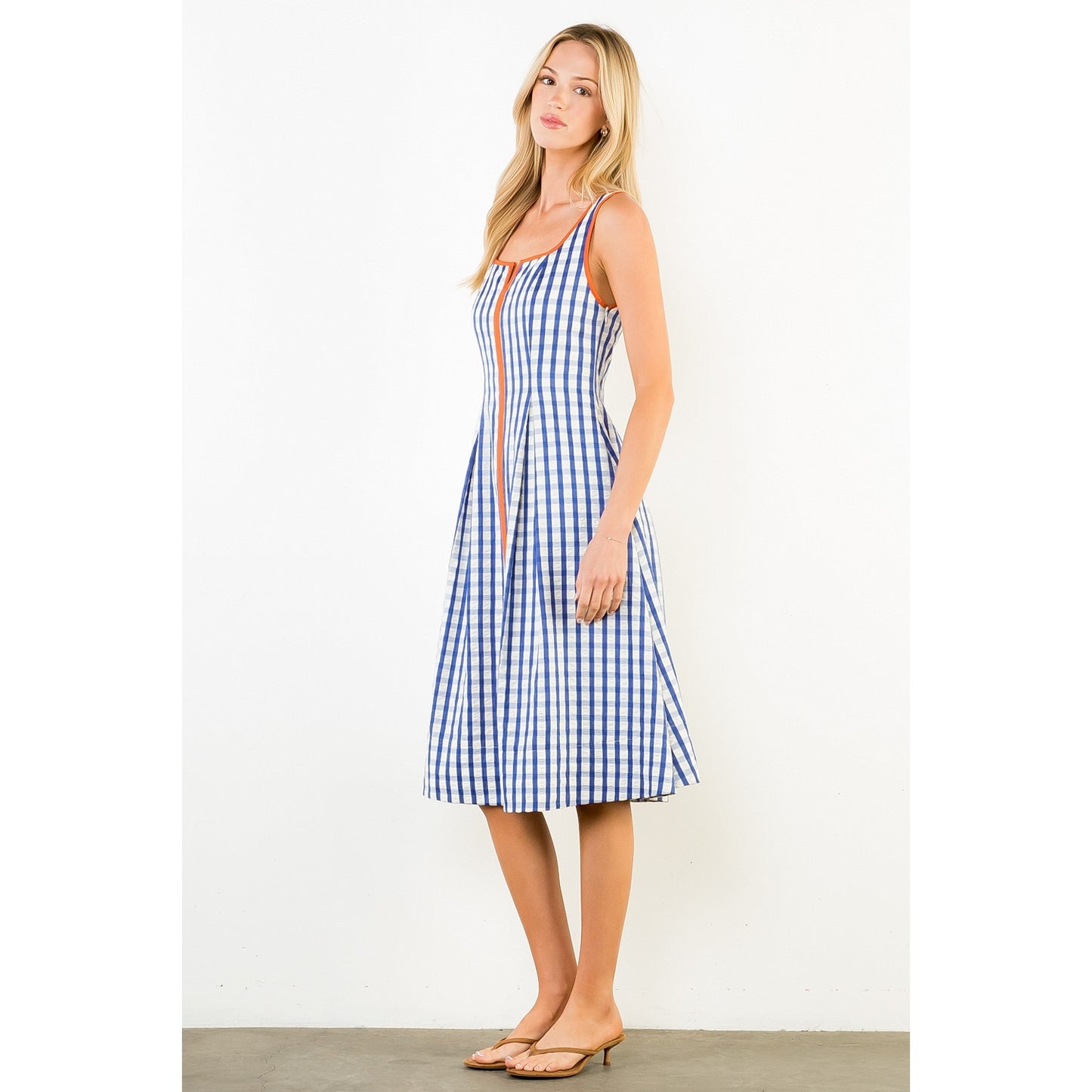 Thin Strap Gingham Pattern Dress - Navy