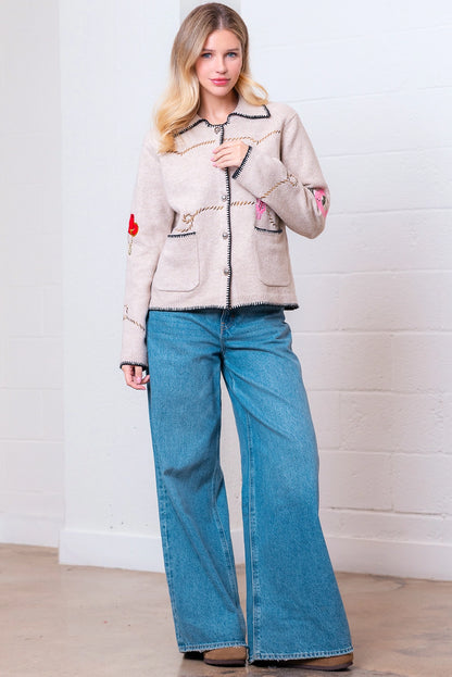 Western Embroidery Sweater Jacket - Oatmeal