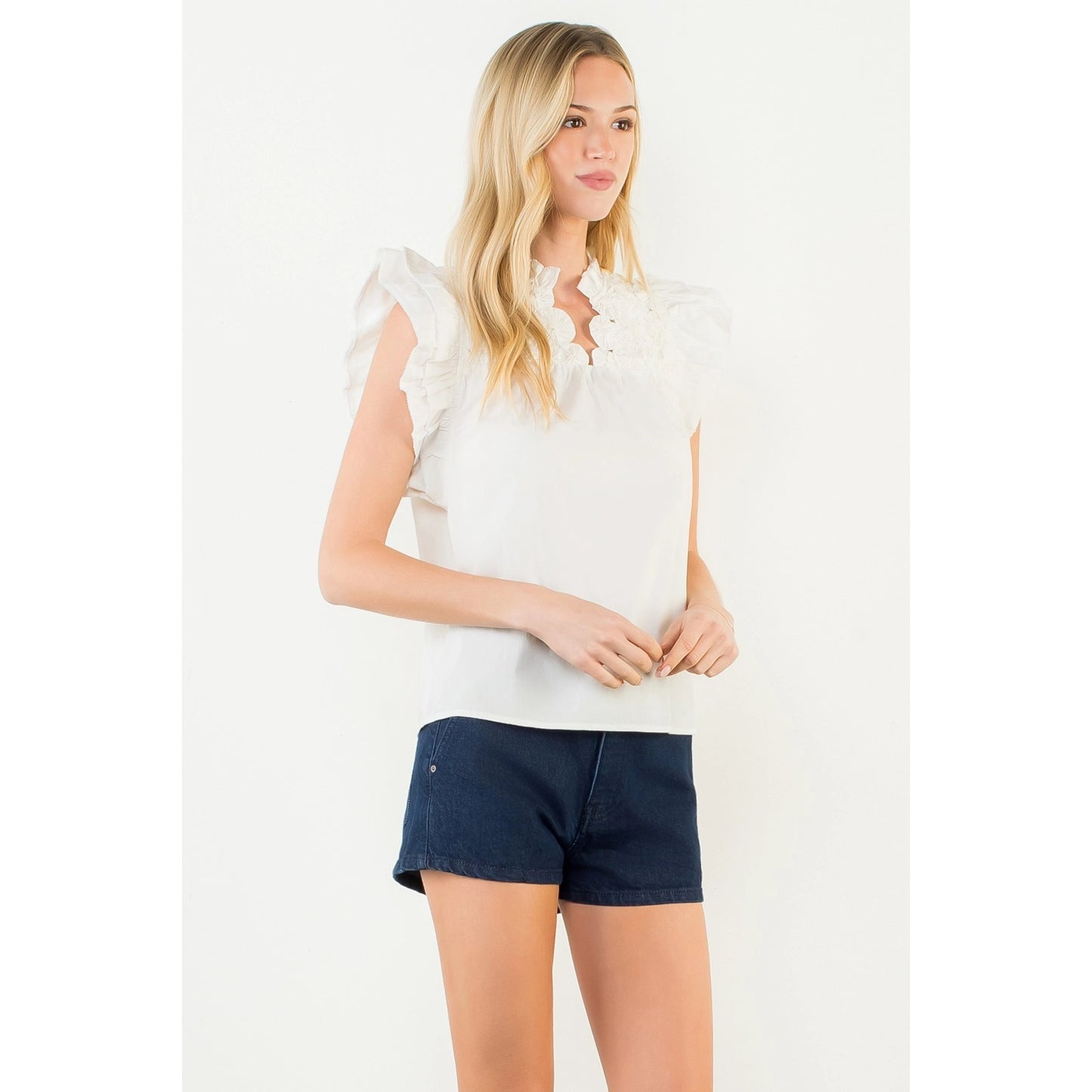 Flutter Sleeve Top w/ Embellished Yoke - White