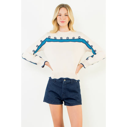 Long Sleeve Wavy Pattern Knitted Sweater - Cream