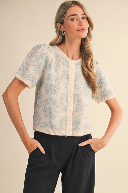 Floral Knit Short Puff Sleeve Sweater Cardigan - Retro Blue