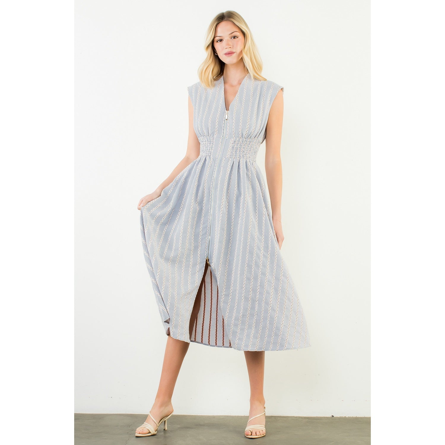 Sleeveless Striped Pattern V-Neck Dress - Blue