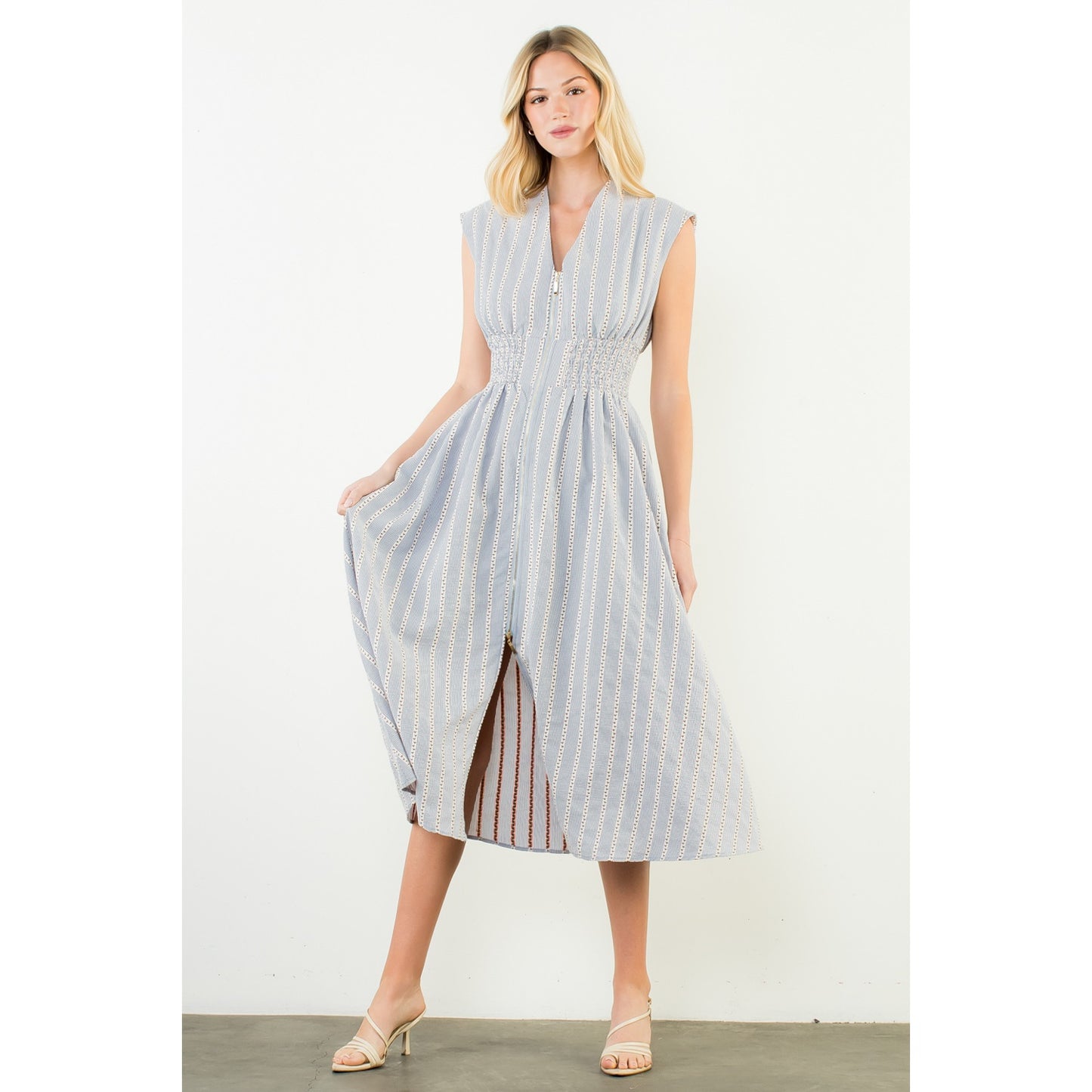 Sleeveless Striped Pattern V-Neck Dress - Blue - Spinout
