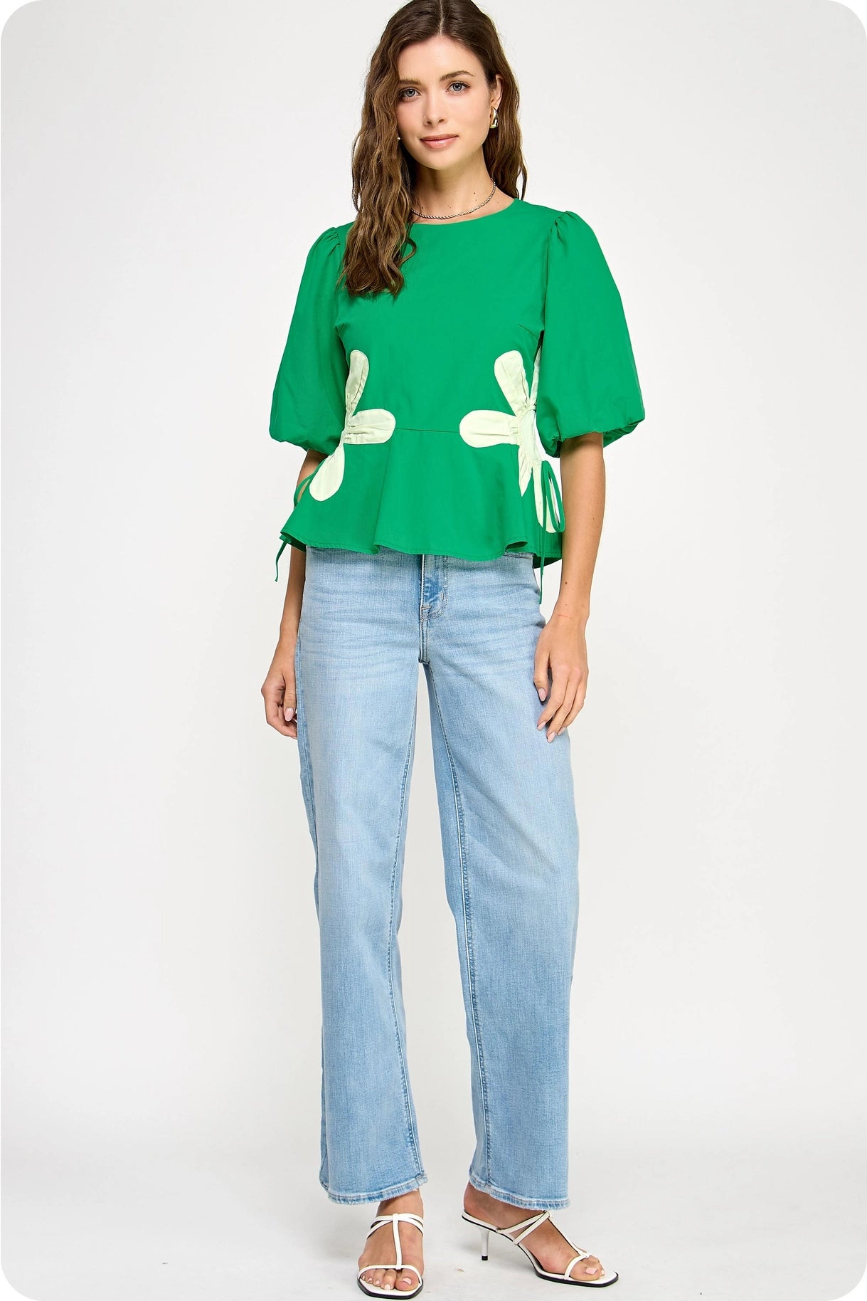 Flower Color-Block Poplin Top - Emerald/Light Lime