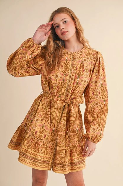 Exclusive Floral Print Button Down Belted Mini Dress - Mustard Multi