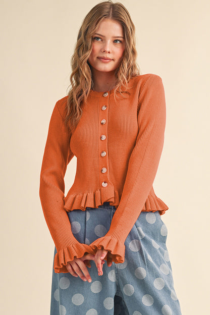 Ruffle Hem Ribbed Knit Sweater Cardigan - Orange