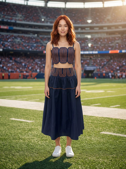 Exclusive Lace Trimmed Top & Skirt Set - Navy/Orange