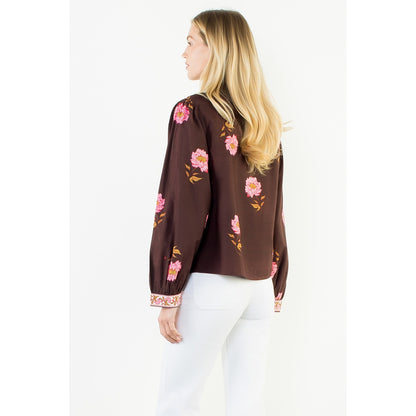 Long Sleeve Floral Top with Pattern Cuffs - Brown