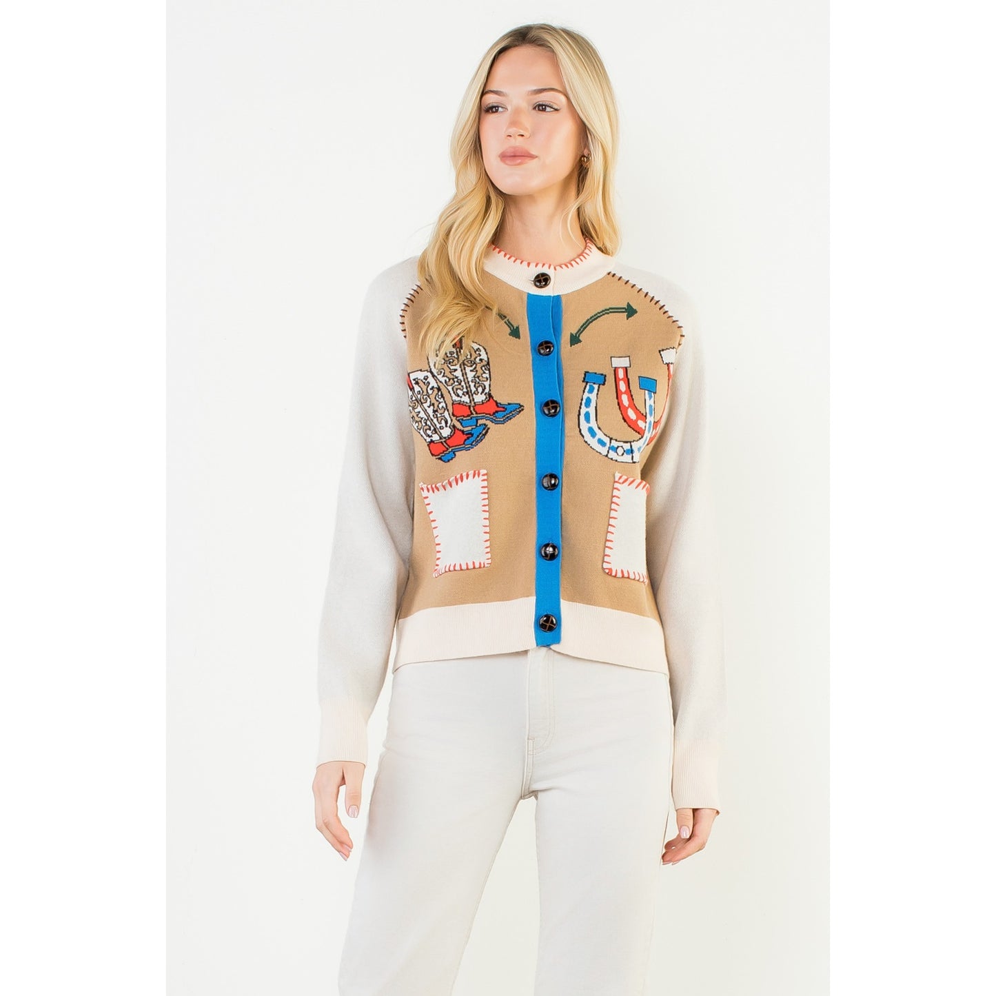 Western Theme Embroidery Detail Cardigan - Cream