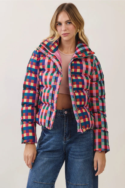 Multicolor Check Puffer Jacket - Pink