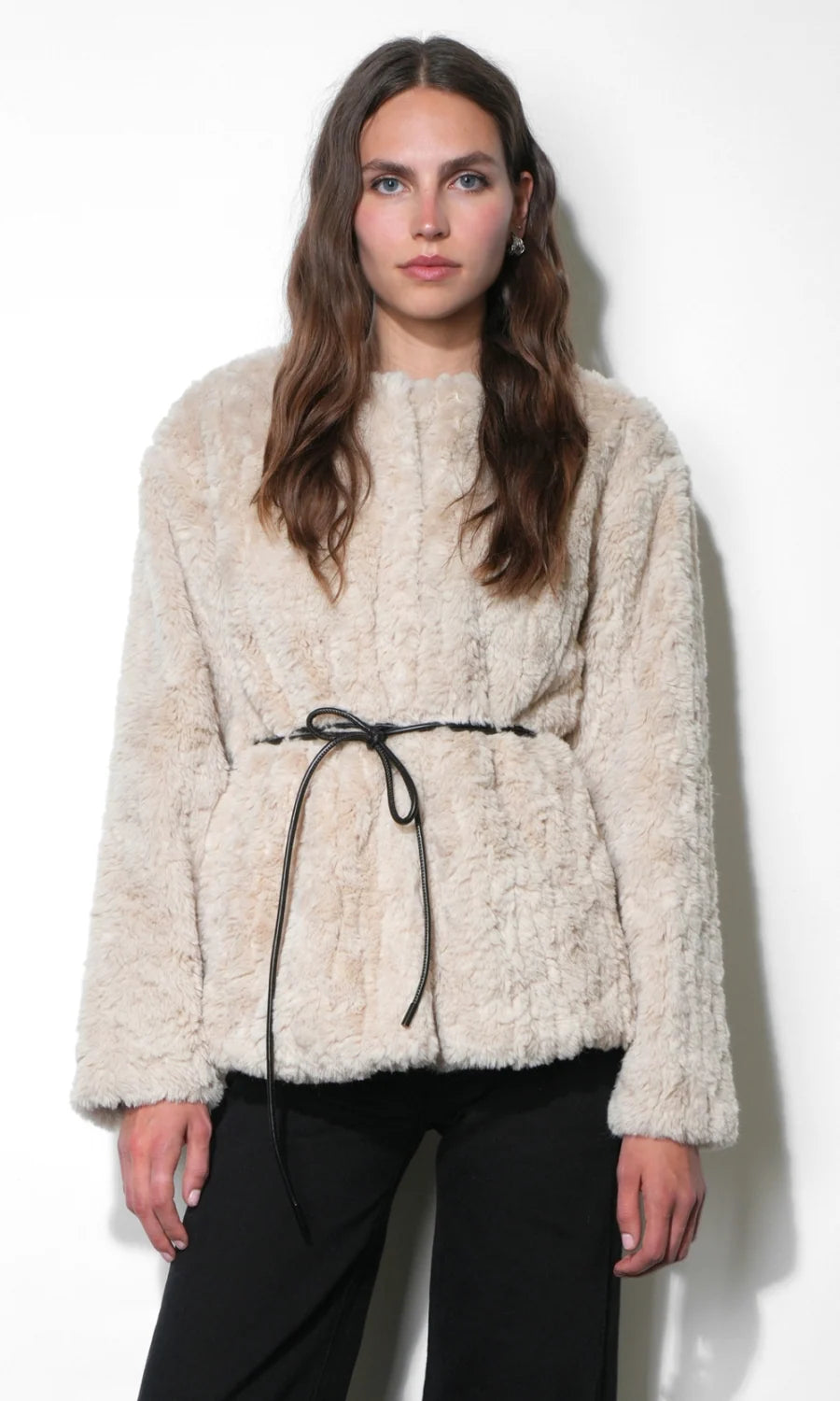 Yuri Collarless Faux Fur Jacket w/Tie Belt - Cream