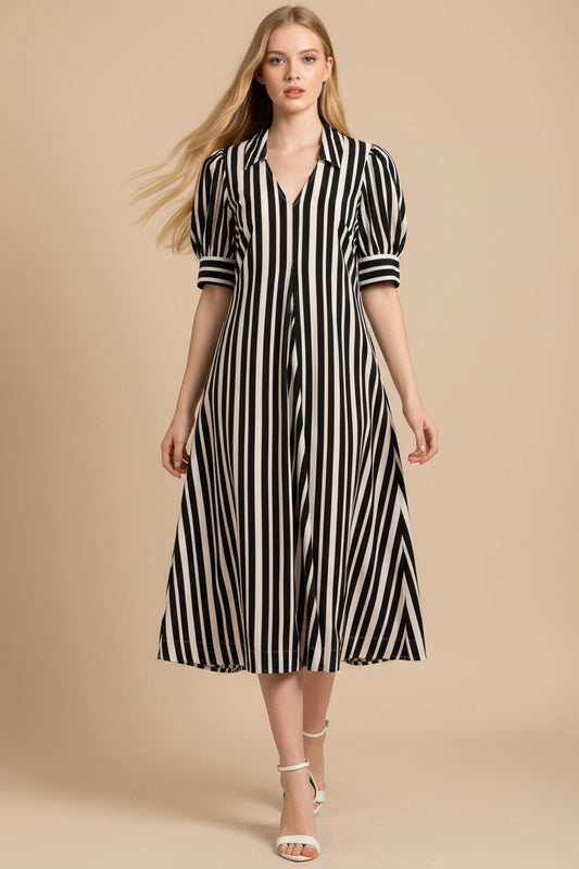 Vertical Striped Midi Dress - Black