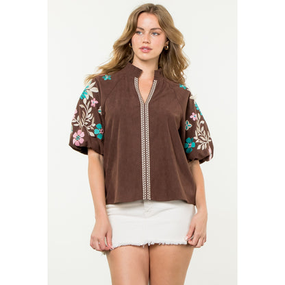 THML - Embroidered Puff Sleeve Corduroy Top - Brown