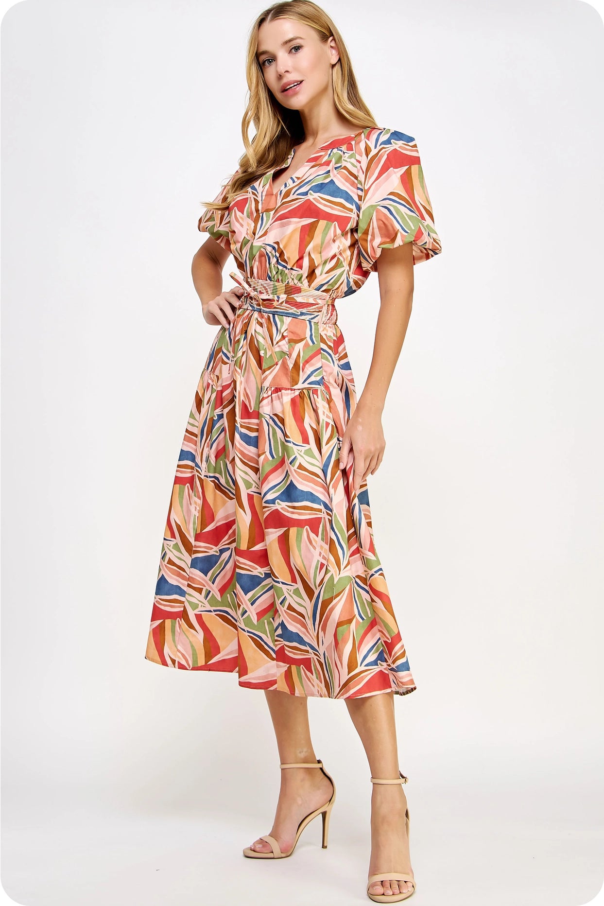Puff Sleeve Print Midi Dress - Multi