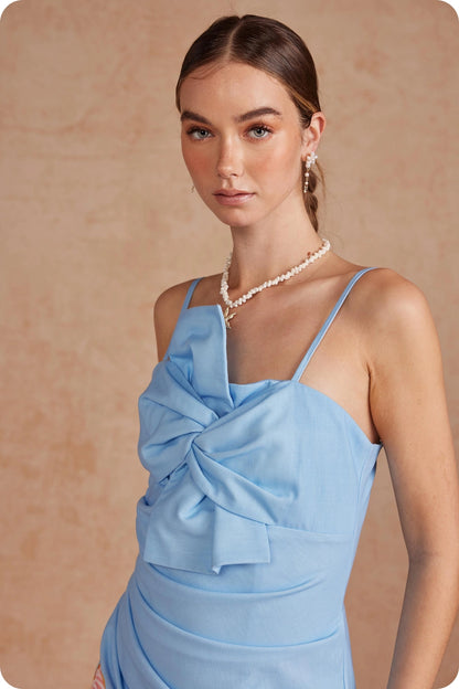Watercolor Bloom Statement Twisted Bow Mini Dress - Blue Multi
