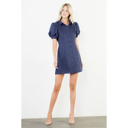 Puff Sleeve Button Up Suede Dress - Navy